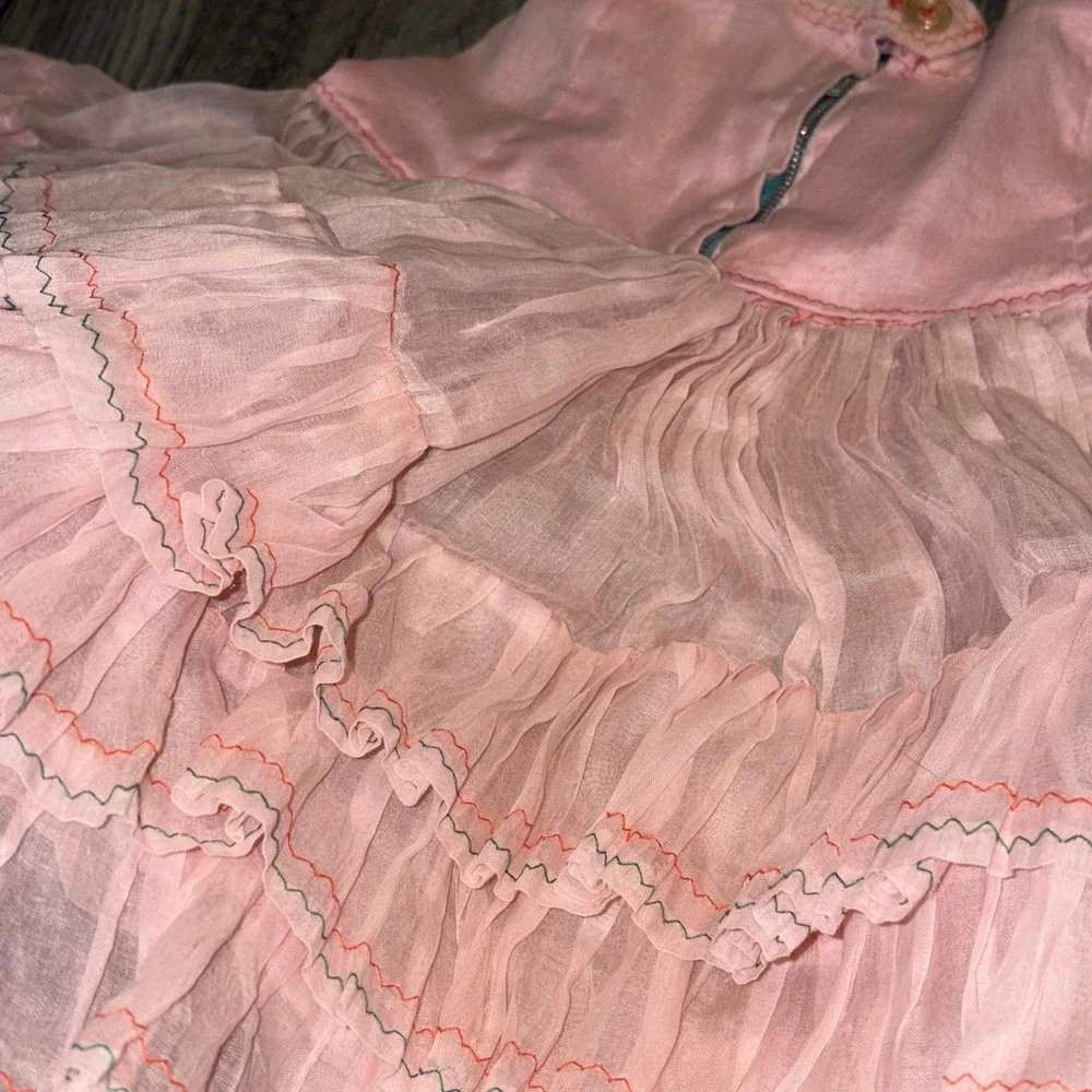 Vintage Pink Tiered Ruffle Crinoline Skirt Kids Metal Zipper Sheer Petticoat